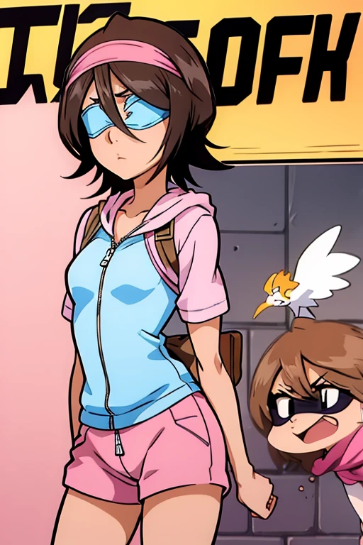 girl in pink unzipped shorts, wearing oven mittens tucked in pockets, blindfold