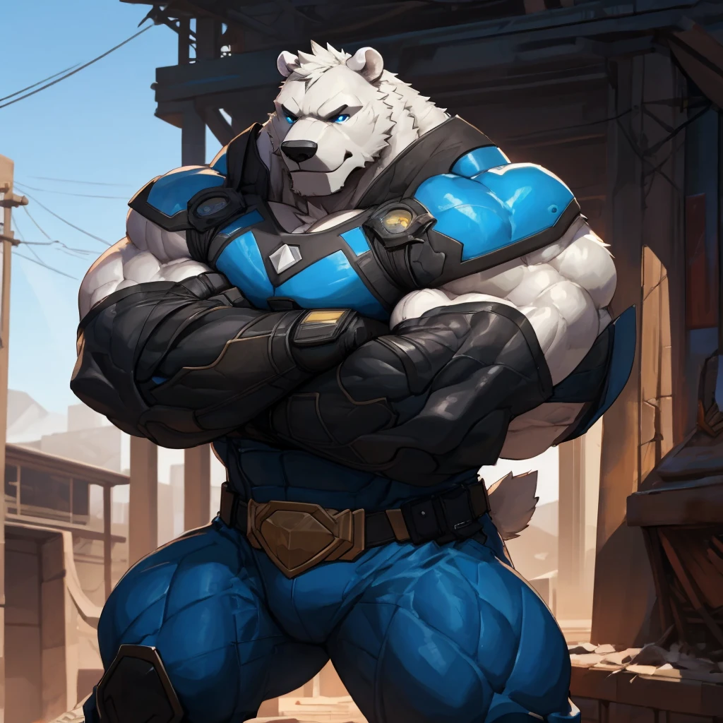 high quality, best quality, 8k, masterpiece, hyper detailed, cinematic lighting, dramatic lighting, sharp focus, RAW photo, octane render, physically-based rendering, photorealistic, highly detailed, intricate details, 1 anthropomorphic white polar bear, superhero, muscular body, ripped chest, white fur, standing on rooftop, blue eye mask, blue and black super suit, blue chestplate, blue pants and boots, black sleeves, muscular biceps, gold triangle belt, blue gloves, crossed arms, heroic pose