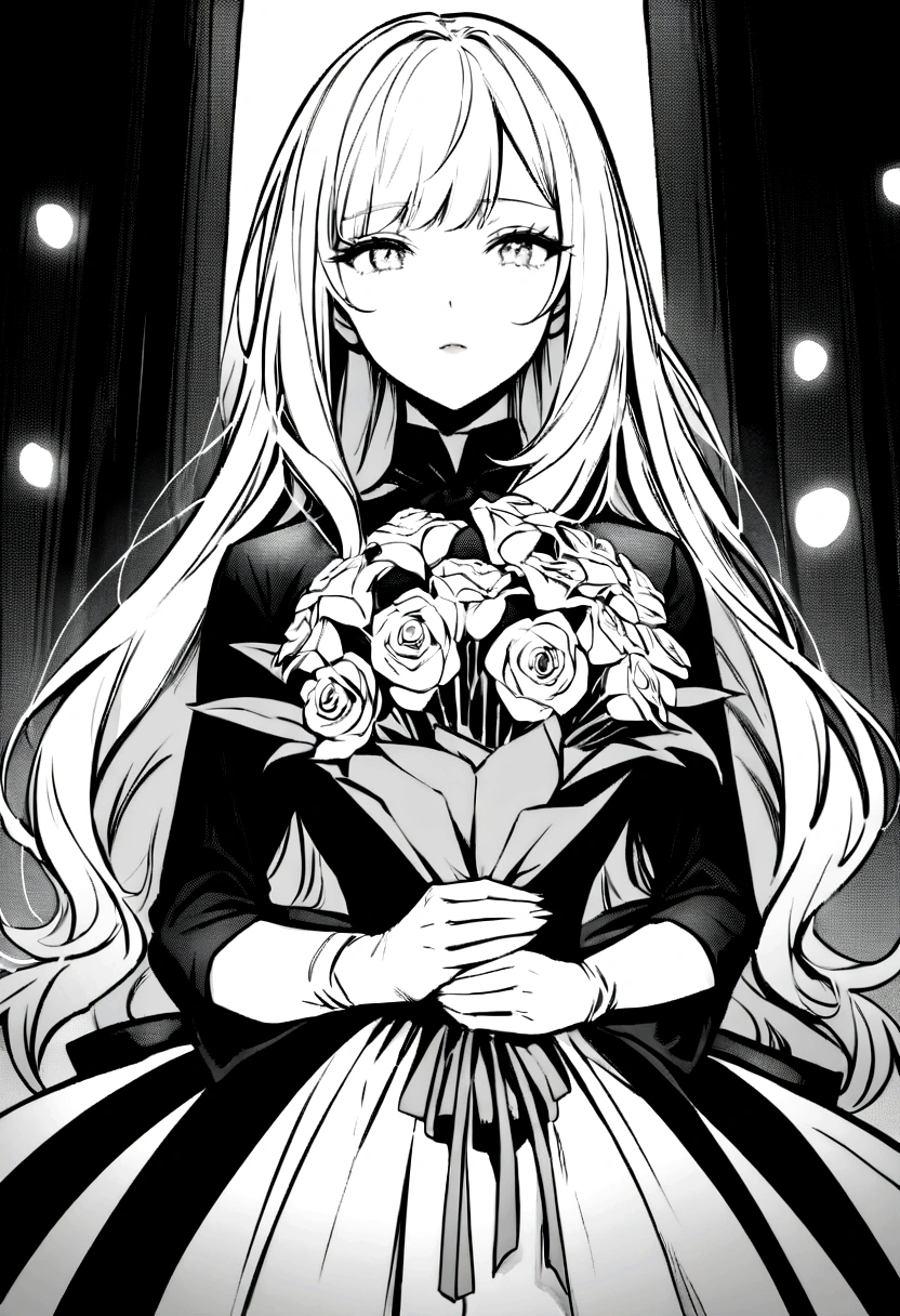 generates a black and white anime-manga style image of a lady with a bouquet of flowers in her hand.