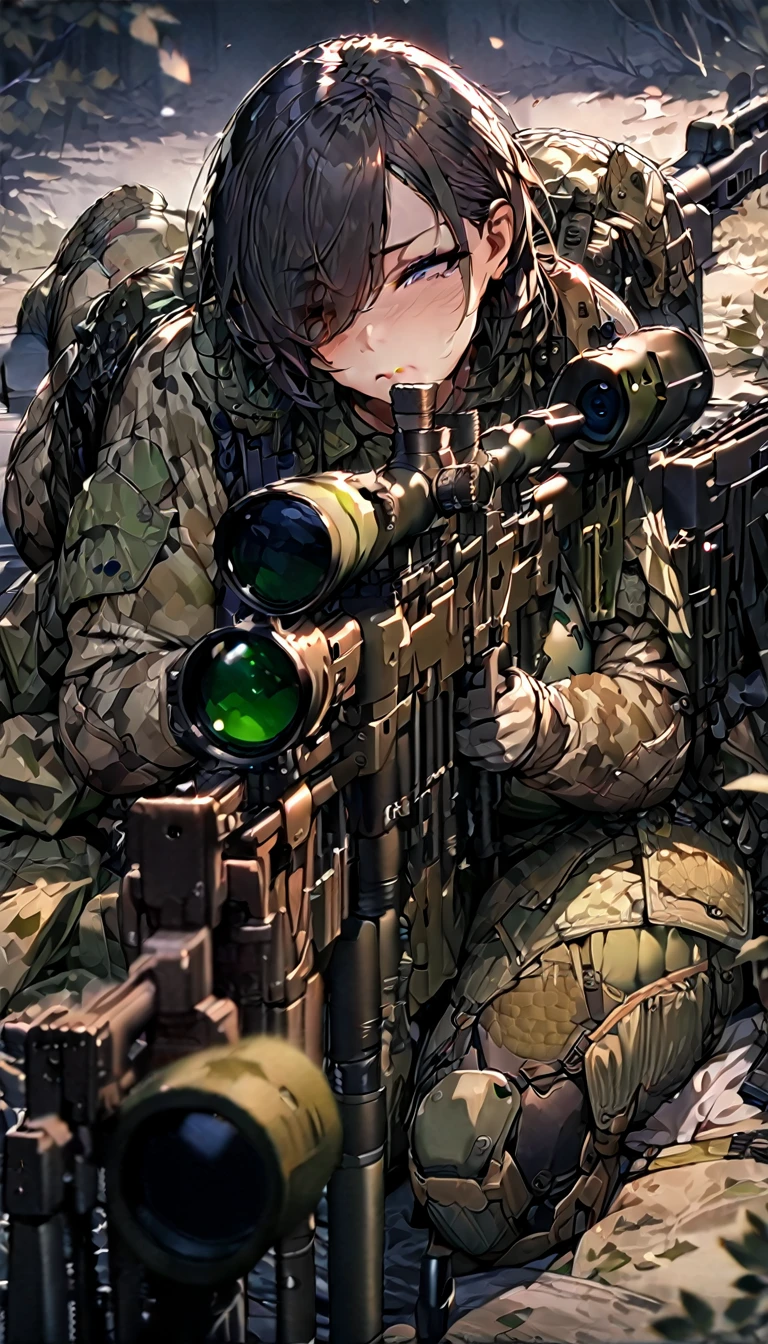 (masterpiece),(Highest quality),(High resolution),(Very detailed),One Woman,Japanese,Black Hair,Short Bob,Beautiful Eyes,Long eyelashes,Beautiful Hair,Beautiful Skin,whole body,break(((sniper rifleで何かを狙う))),((Close one eye and look through the scope))(Lying down),((sniper rifle)),army camouflage uniform,Bulletproof vest, Combat Boots, Tactical Foster,Tactical Headset,(The background is a dense forest),(((Background Blur))) ,BROWN HAIR, , (heavy chest:1.1, ), huge breasts), (heavy chest:1.1, )