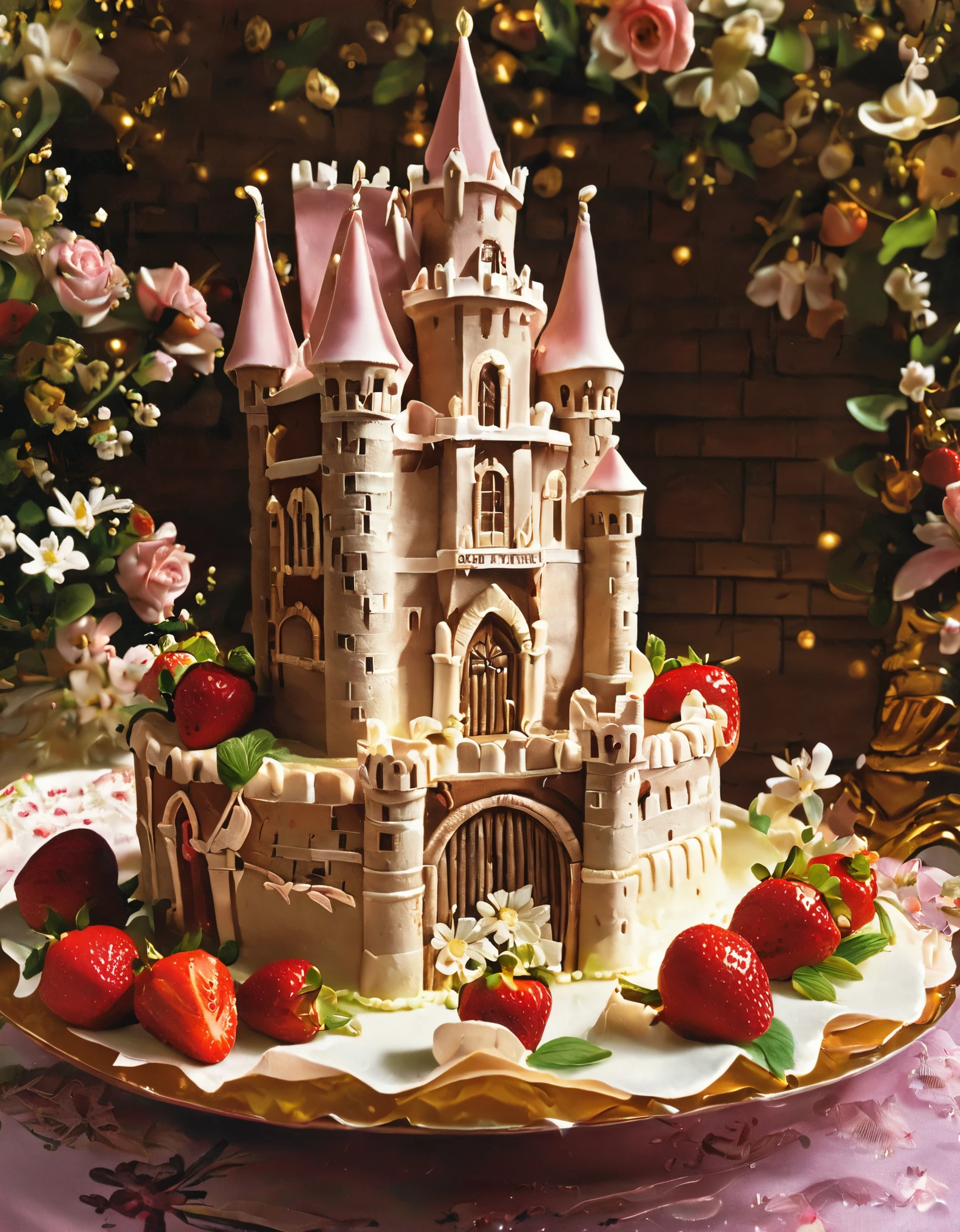 A cake made of layers of chocolate cake, Vanilla Frosting, And strawberries. The cake is in the shape of a castle with a drawbridge and a moat.. The castle is surrounded by a floral garden. Next to the cake「happy birthday」There is a sign that says.