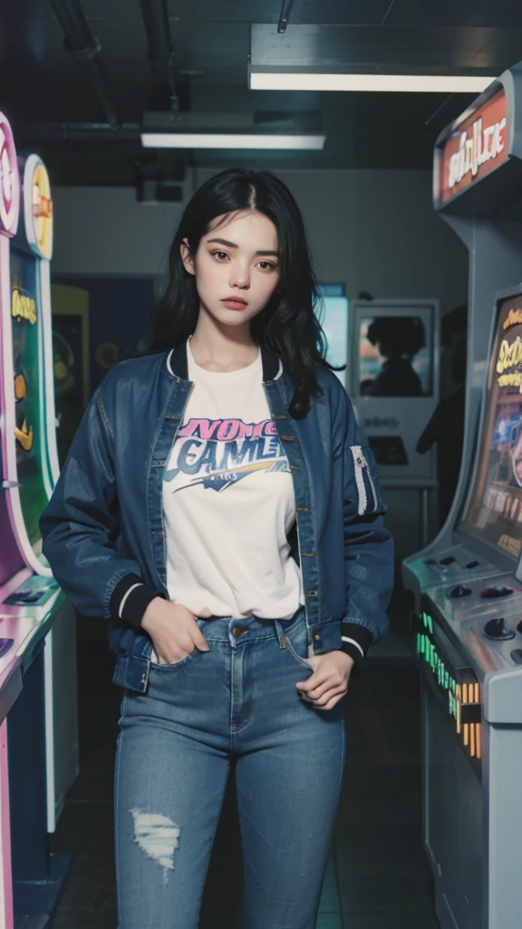 Design an illustration of a 1980s young girl wearing acid wash jeans and a bomber jacket denims, (hands in jacket pockets) in a neon-lit room with arcade machines. Detail face