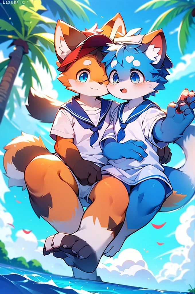 Male Red Panda, Ocean, Appeared wearing a sailor uniform! One in heat, Sitting,fly in the sky,Blue light with two legs,