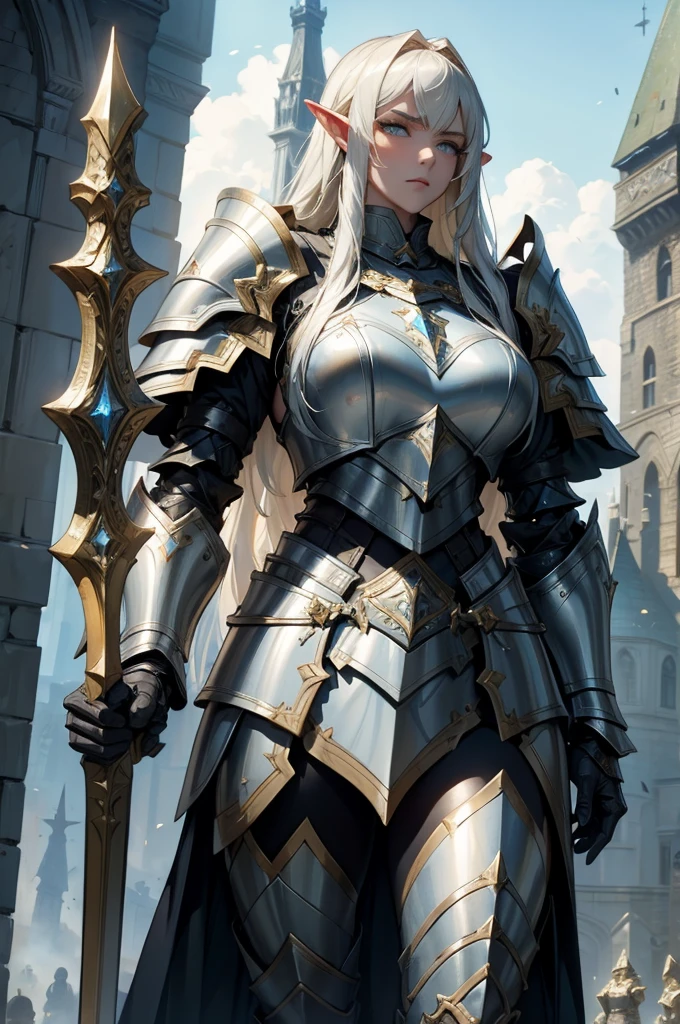 броня Paladinа, heavy armor, Heavy armor, Paladin, a spear, Эпическая броня Paladinа, heavy armor. Dramatic, Female Elf, Big Shield, white long hair, White mantle