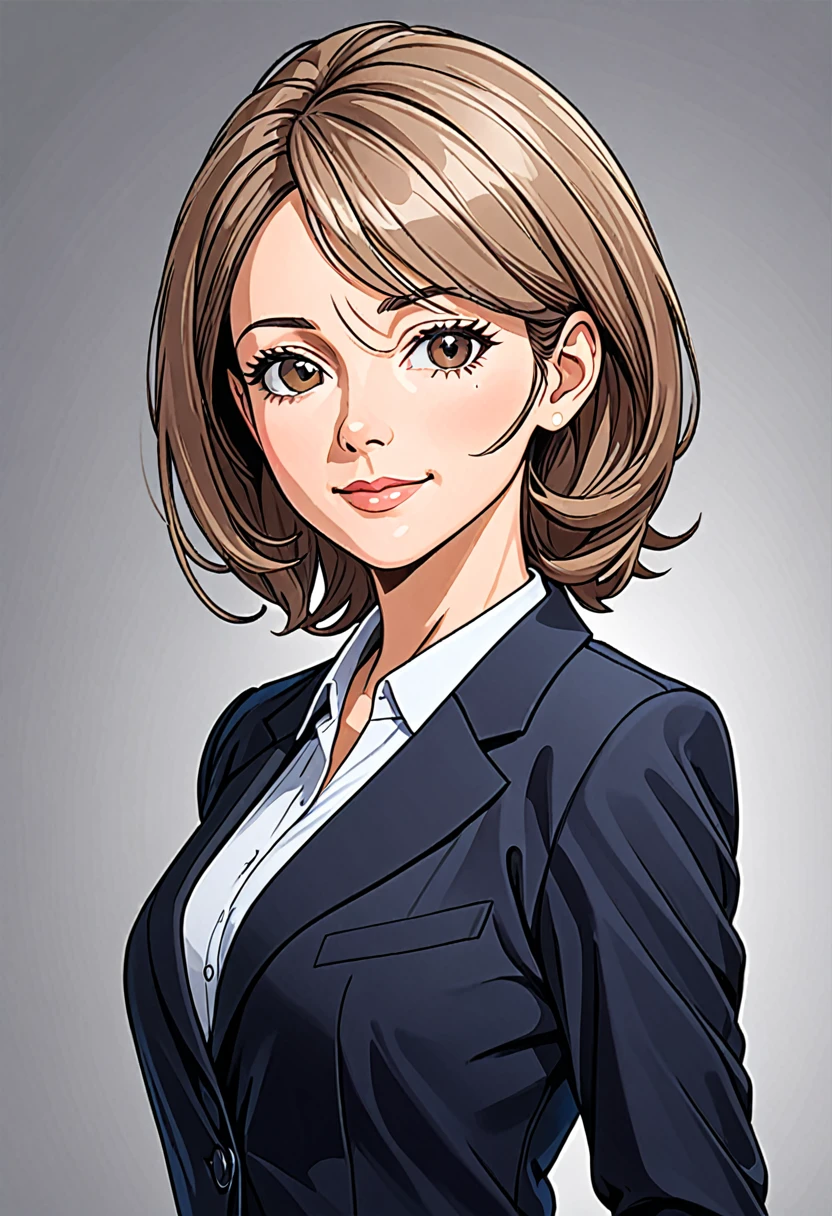 A middle-aged European woman in a modern business suit, depicted with a pleasant facial expression, the figure turned slightly towards the right shoulder, at an angle of 20%, front to back view. Professional color correction with soft shadows, professional studio lighting.