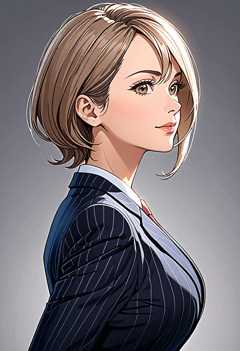 A middle-aged European woman in a modern business suit, depicted with a pleasant facial expression, the figure turned slightly towards the right shoulder, at an angle of 20%, front to back view. Professional color correction with soft shadows, professional studio lighting.