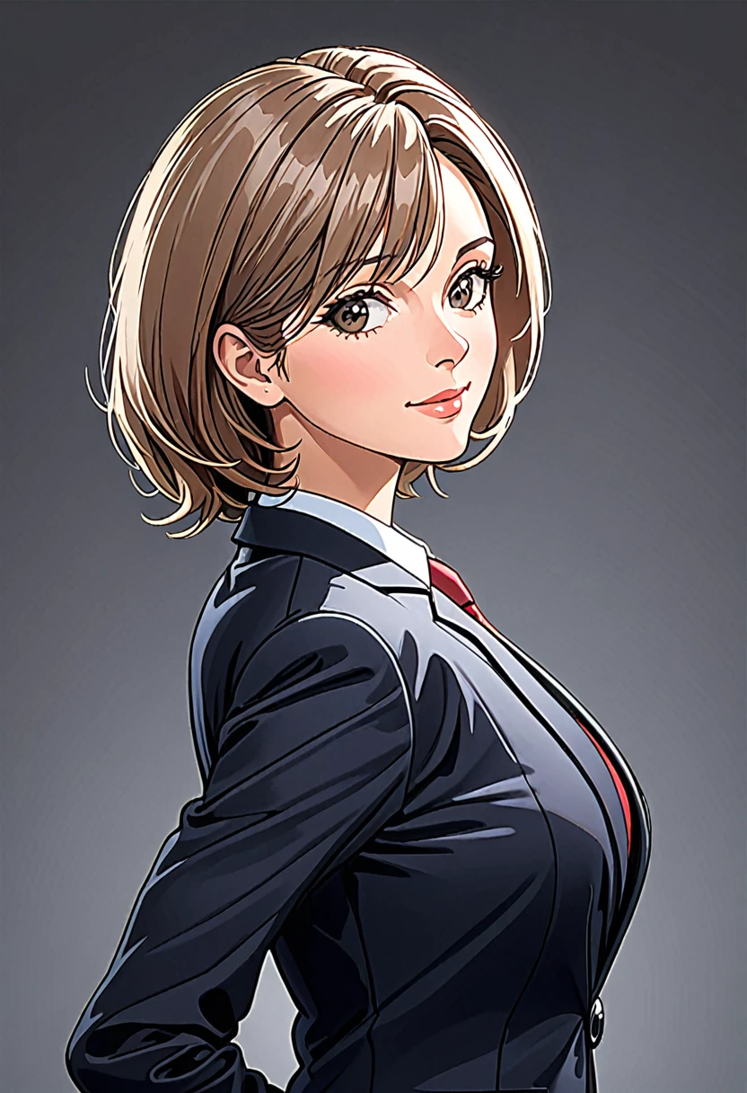A middle-aged European woman in a modern business suit, depicted with a pleasant facial expression, the figure turned slightly towards the right shoulder, at an angle of 20%, front to back view. Professional color correction with soft shadows, professional studio lighting.