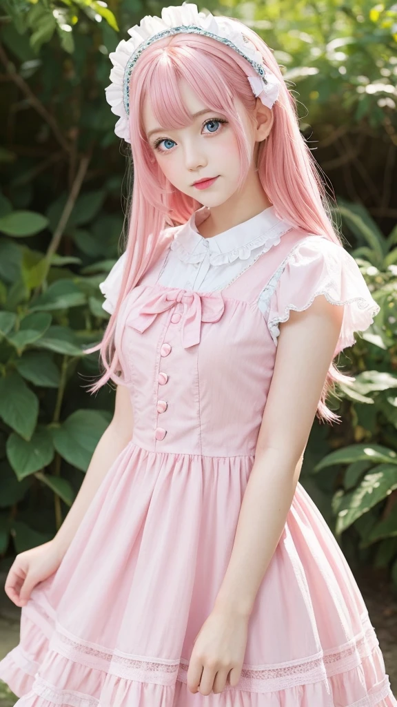 a girl with pink hair and blue eyes and pink lips wearing a cute ta-type dress