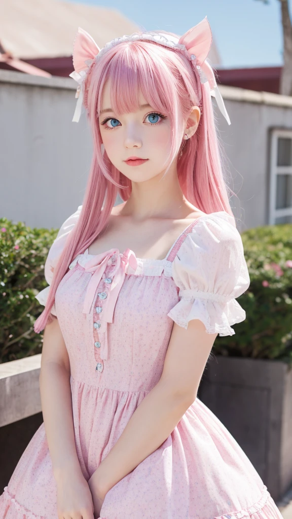 a girl with pink hair and blue eyes and pink lips wearing a cute lolita-type dress