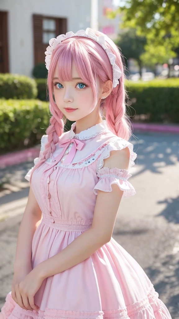 a girl with pink hair and blue eyes and pink lips wearing a cute ta-type dress