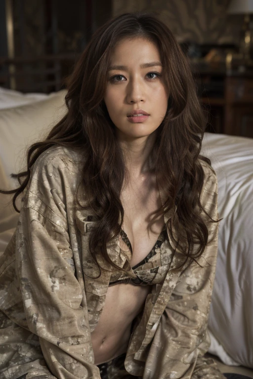 tense atmosphere, (original photography:1.3), (best quality), (Extremely detailed),(Messy hair),(Inspired by the 007 movie),(Real stills:1.3),007 Style,American female agent,long golden curly hair,Very detailed face,U.S. military combat uniform,open camouflage jacket,Camouflage bra,Camouflage pants,long legs