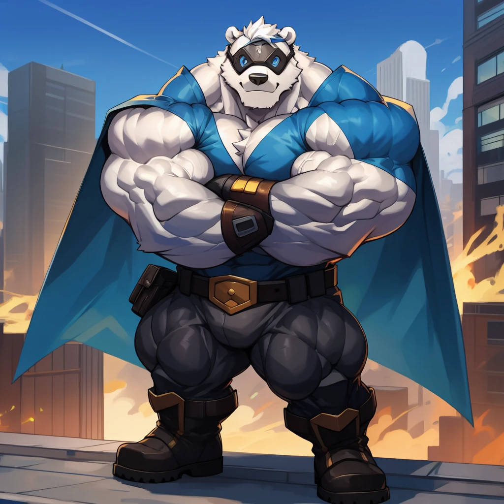 solo, 1boy, Huge Muscular White Polar Anthropomorphic polar bear, superhero, have a pumped body,hot,Have chest muscles,white hair,Standing on the rooftop of the building,Wearing blue eye mask,Wear a blue armoured blue coloured breastplate, pants and boots, black sleeves with biceps, belt with a golden triangle, blue gloves with five fingers, crossed arms, heroic black eyebrows, city background, masterpiece, high detailed, 8k, high resolution, at the gym, flexes huge muscles, looking at the viewer, acting all sexy