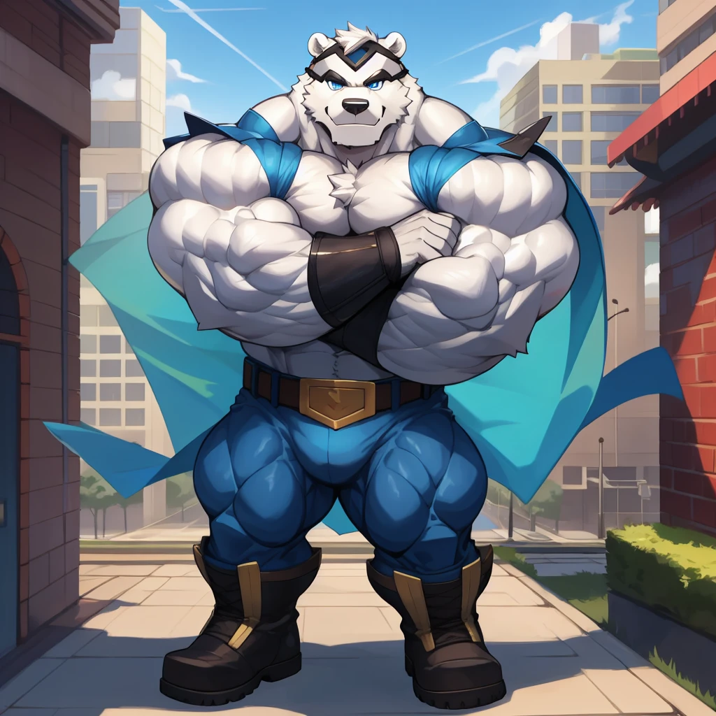 solo, 1boy, Huge Muscular White Polar Anthropomorphic polar bear, superhero, have a pumped body，hot，Have chest muscles，white hair，Standing on the rooftop of the building，Wearing blue eye mask，Wear a blue armoured blue coloured breastplate, pants and boots, black sleeves with biceps, belt with a golden triangle, blue gloves with five fingers, crossed arms, heroic black eyebrows, city background, masterpiece, high detailed, 8k, high resolution, at the gym, flexes huge muscles, looking at the viewer, acting all sexy