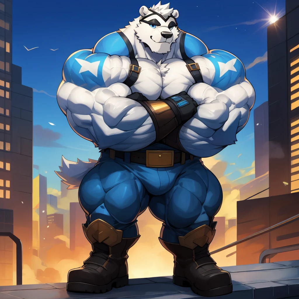 solo, 1boy, Huge Muscular White Polar Anthropomorphic polar bear, superhero, have a pumped body,hot,Have chest muscles,white hair,Standing on the rooftop of the building,Wearing blue eye mask,Wear a blue armoured blue coloured breastplate, pants and boots, black sleeves with biceps, belt with a golden triangle, blue gloves with five fingers, crossed arms, heroic black eyebrows, city background, masterpiece, high detailed, 8k, high resolution, at the gym, flexes huge muscles, looking at the viewer, acting all sexy