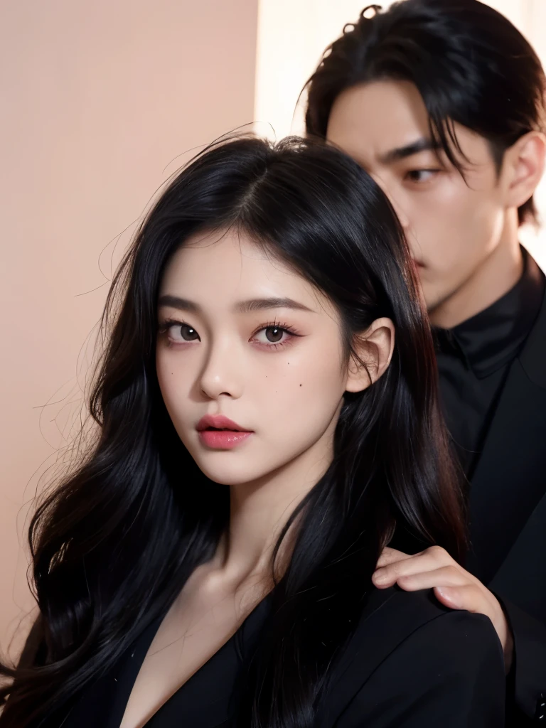 Kim Jennie with dark black hair, with curlers at the ends of dark black hair, with a star clip in her dark black hair, light colored eyes, pretty eyes, crying eyes, pretty, upturned nose, Pretty lips, pink lips, heart and cupid shaped lip, pretty skin, pale, White skin, with moles and freckles all over his face, soft pink blush on the cheeks, natural pink blush, dark and gothic makeup, Gothic Jennie, while she is with a cute boy by her side, with a cute asian boy standing next to her, while there is a man&#39;s torso, while the man&#39;His hand is on his jaw.., beautiful man&#39;s hands, with a gothic boy, nice collars, marked collar, frown, angry look, with a kiss necklace, a pretty kiss necklace, while her nipples are noticeable (big breasts, soft breasts, nice breasts, natural breasts), with a white dress, short and transparent dress, visible on the nipple, with a boy by his side, with her boyfriend, looking to the camera, autophoto