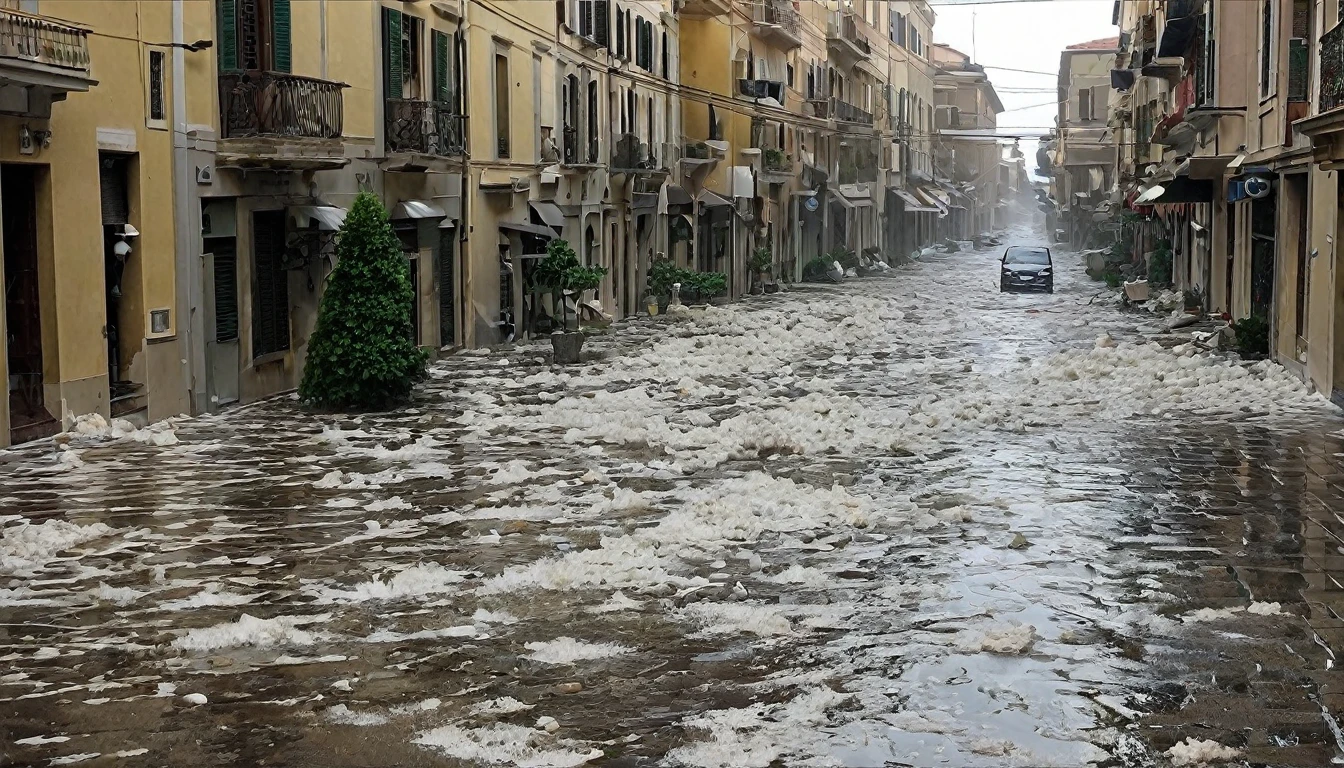 Huge blocks of hail and strong winds destroy tiles and cause flooding on a street in Alexandria, Italy. The image depicts a scenario of destruction and chaos.