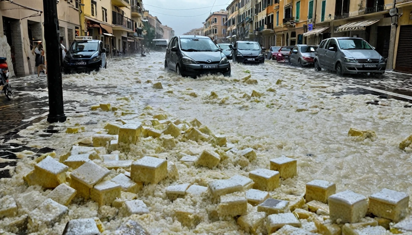 Huge blocks of hail and strong winds destroy tiles and cause flooding on a street in Alexandria, Italy. The image depicts a scenario of destruction and chaos.