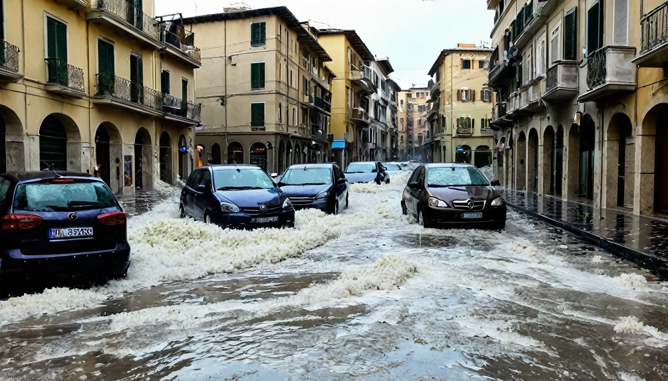 Huge blocks of hail and strong winds destroy tiles and cause flooding on a street in Alexandria, Italy. The image depicts a scenario of destruction and chaos.