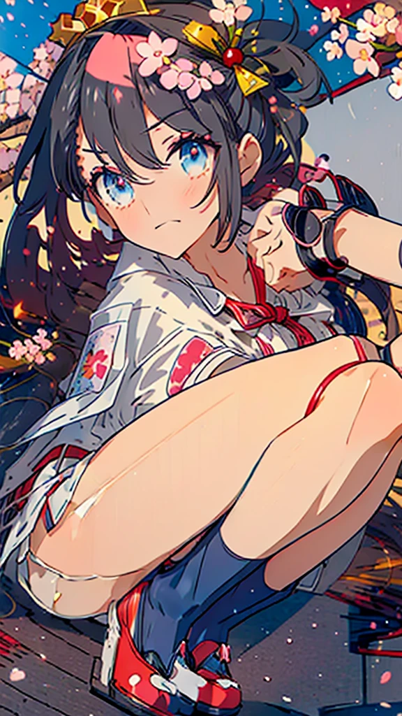 best quality, extremely detailed, anime style adult 1girl, long hair down to the waist, straight hair, ((dark black hair with bluish)),crown braid,beautiful detailed eyes, pinched eyes, dark blue eyes, huge breasts,curvy,(((colorful clothing))),Western clothes,Active Clothing,Clothing with intricate decorations,((foppery shoes)),animation cap,animated gif,((((Cherry Blossom Park)))),((pov))