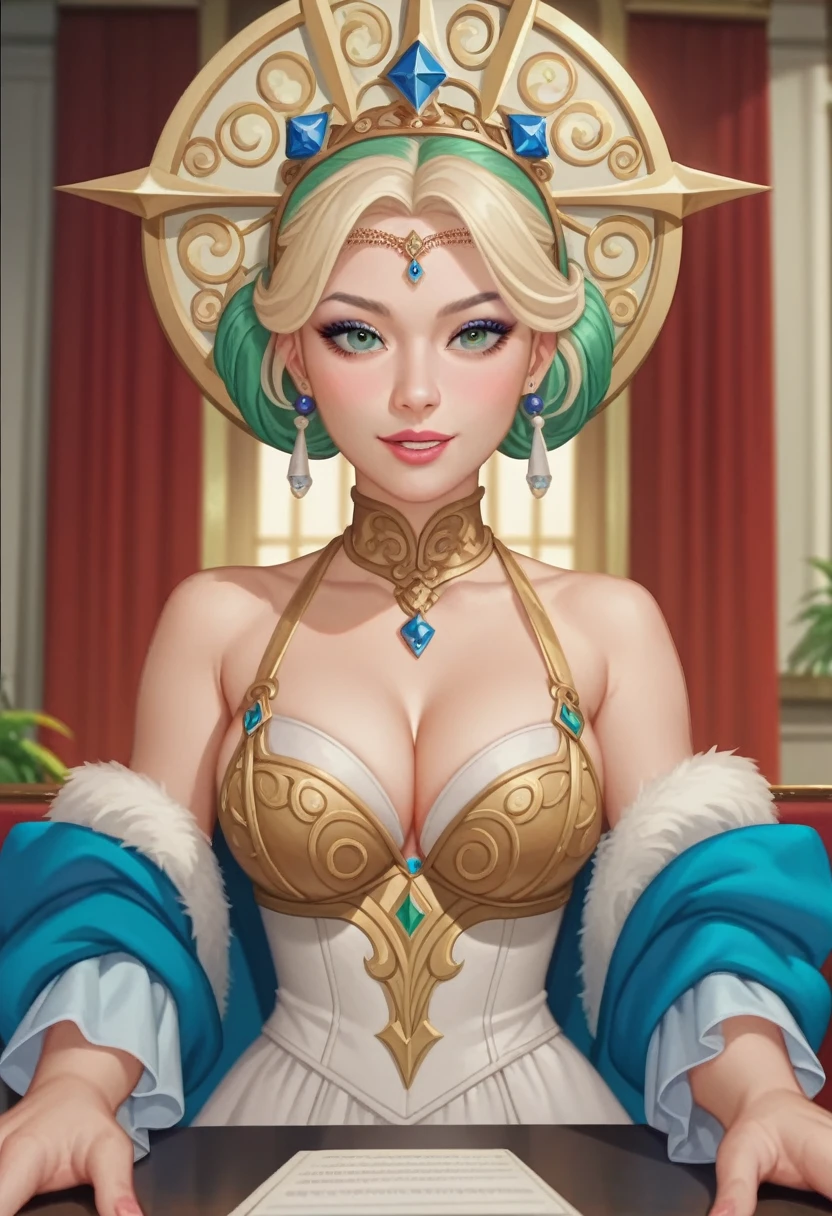 (masterpiece, best quaility, high detail, beautiful and delicated eyes and face, vivid colors:1.3), Una astrologa leyendo la fortuna con cartas del tarot, anime screencap, pov, el fondo es el interior de una tienda gitana