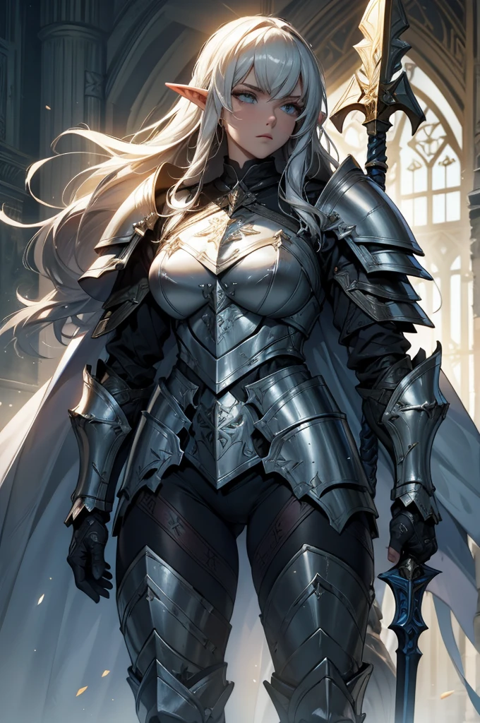 броня Paladinа, heavy armor, Heavy armor, Paladin, a spear, Эпическая броня Paladinа, heavy armor. Dramatic, Female Elf, Big Shield, white long hair, White mantle