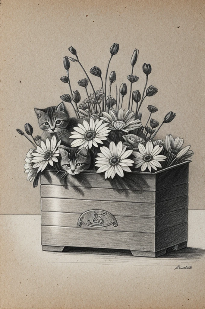 Asme a pencil drawing of a box with flowers and kittens