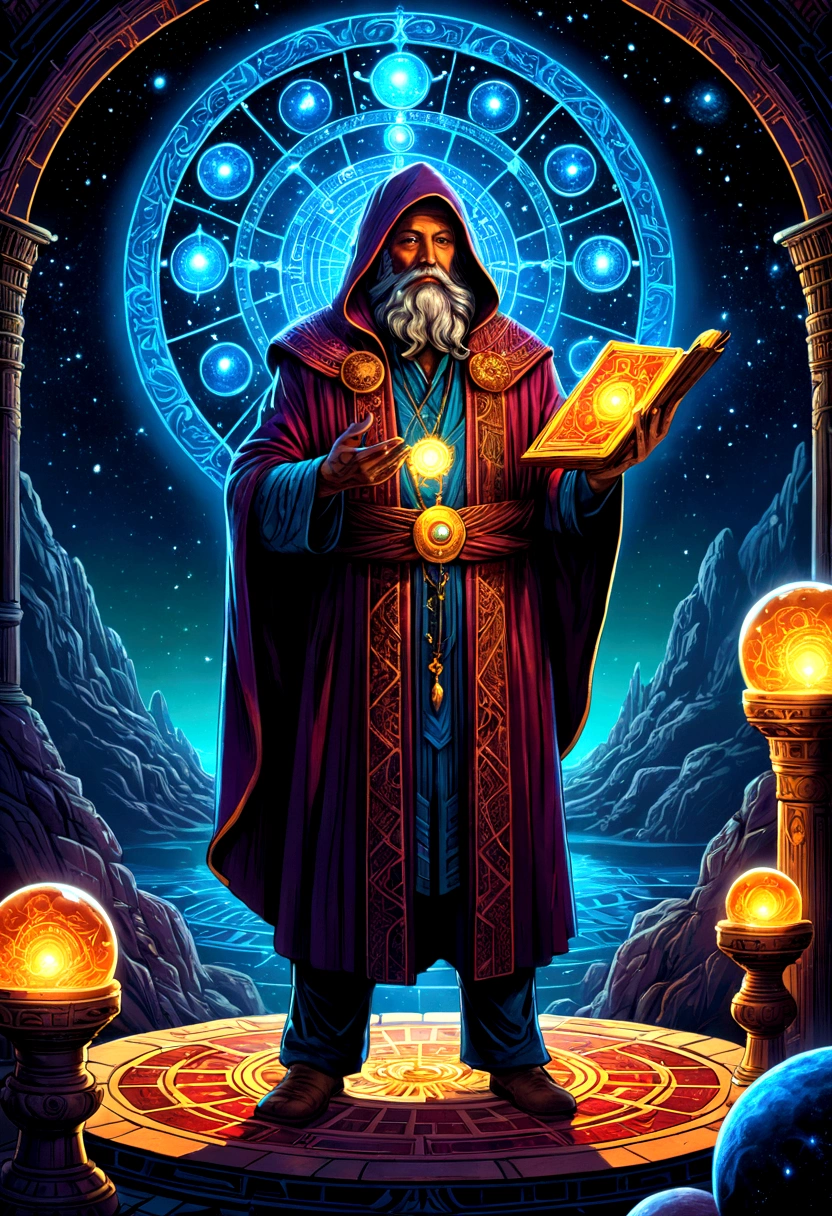 mysterious Astrologer, by dan mumford, full body, cinematic still, cinemascope, best quality, masterpiece, very aesthetic, perfect composition, intricate details, ultra-detailed, vivid colors