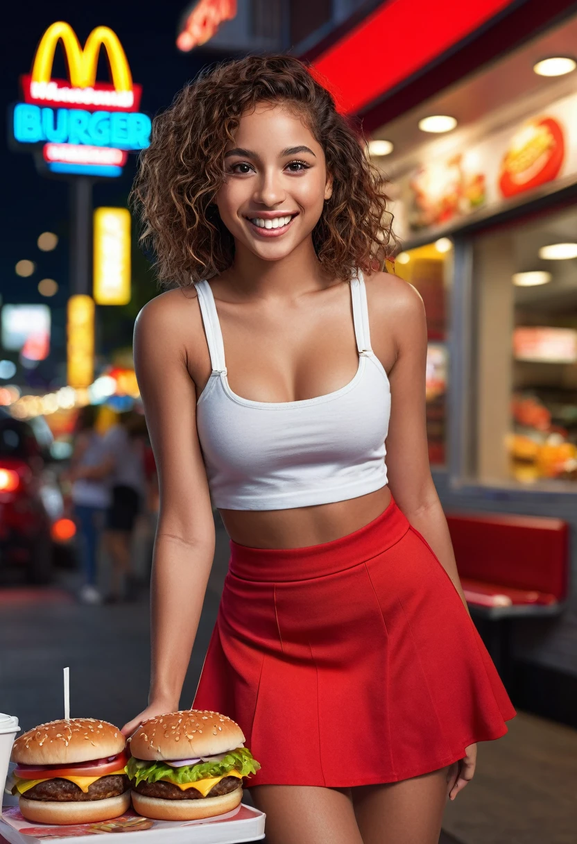 8k,beautiful mixed girl, extremely detailed sexy full body, beautiful detailed eyes, beautiful butt, beautiful chest, smile, Red sexy tank top, red mini skirt, night, vibrant colors, Macdonald, fast food, eat burger, (best quality,4k,8k,highres,masterpiece:1.2),ultra-detailed,(realistic,photorealistic,photo-realistic:1.37),portrait,landscape