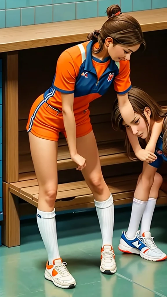 A woman is standing near the bench in the locker room, one her leg is placed on the bench, and the other leg is placed on the floor, she is fixing her high socks