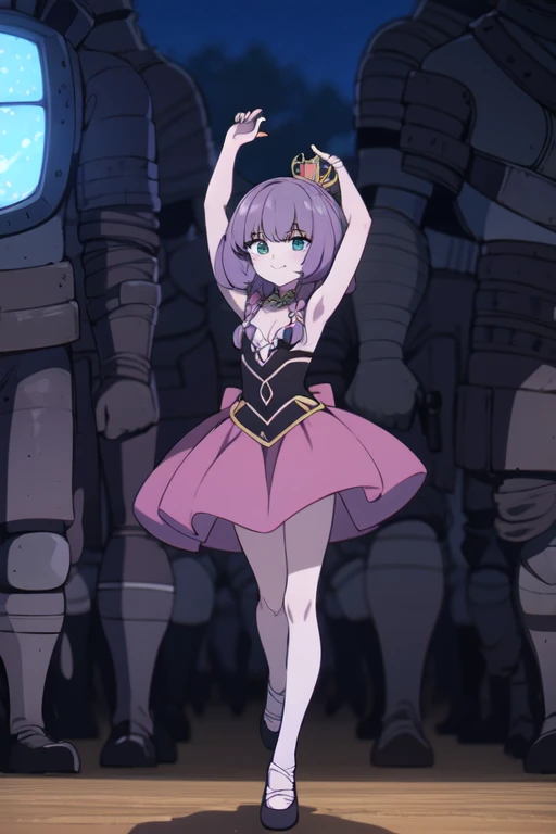 ((Best quality))),((Ultra-detailed)),((illustration)),((Disheveled hair)),((frilld)),(1 girl),(Solo),
1girl,solo,rating:safe,armband,armpits,arms_up,ballerina,ballet,ballet_slippers,bare_arms,bare_shoulders,black_dress,black_footwear,blue_ribbon,breasts,circle_skirt,cleavage,clothing,crossed_legs,crown,dress,pointe,female,garter,hair_bun,hair_rings,headwear,legs,looking_at_viewer,makaria,plantar_flexion,ribbon,see-through,single_hair_bun,small_breasts,smile,standing_on_one_leg,standing,tiara,
pink hair,grey hair,Horns,