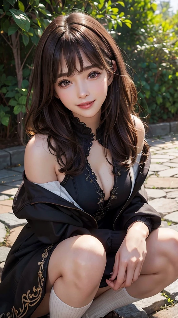 Upper body photo、Take close-up photos of your face、big breasts、Natural Lip、Fair skin、Great light、Beautiful lighting、((brown hair:1.2))、Blunt bangs、Detailed embroidery、Black dress、Off-the-shoulder jacket、Gorgeous Accessories、Knee-high socks、night、Outdoor Background、smile、Cute Smile
