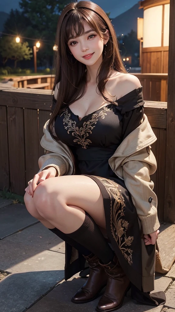 Upper body photo、Take close-up photos of your face、big breasts、Natural Lip、Fair skin、Great light、Beautiful lighting、((brown hair:1.2))、Blunt bangs、Detailed embroidery、Black dress、Off-the-shoulder jacket、Gorgeous Accessories、Knee-high socks、night、Outdoor Background、smile、Cute Smile