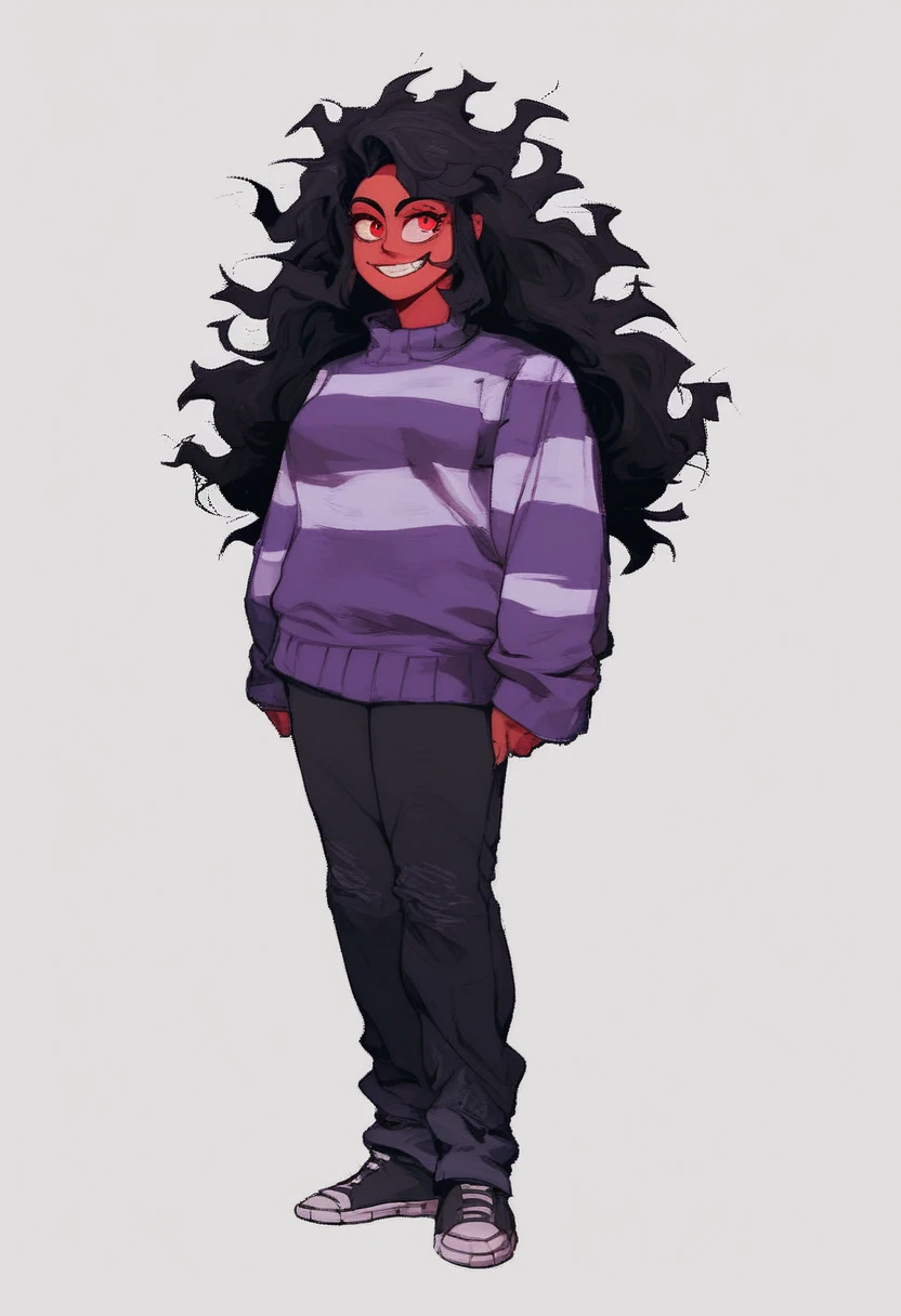 sarah_henderson, 1girl, solo, long hair, smile, simple background, black hair, red eyes, white background, standing, full body, pants, grin, sweater, colored skin, transparent background, messy hair, purple sweater, striped sweater, black arms, black legs