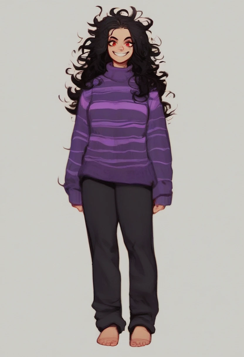 sarah_henderson, 1girl, solo, long hair, smile, simple background, black hair, red eyes, white background, standing, full body, pants, grin, sweater, colored skin, transparent background, messy hair, purple sweater, striped sweater, black arms, black legs