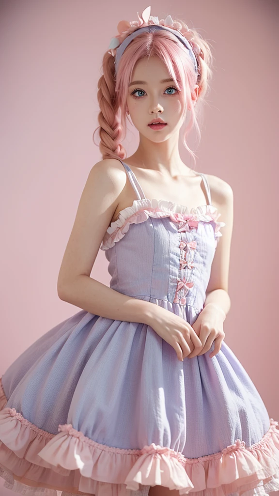 a girl with pink hair and blue eyes and pink lips wearing a cute lolita-type dress