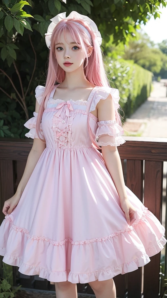 a girl with pink hair and blue eyes and pink lips wearing a cute -type dress