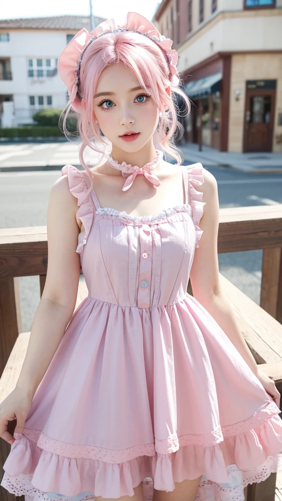 a girl with pink hair and blue eyes and pink lips wearing a cute ta-type dress