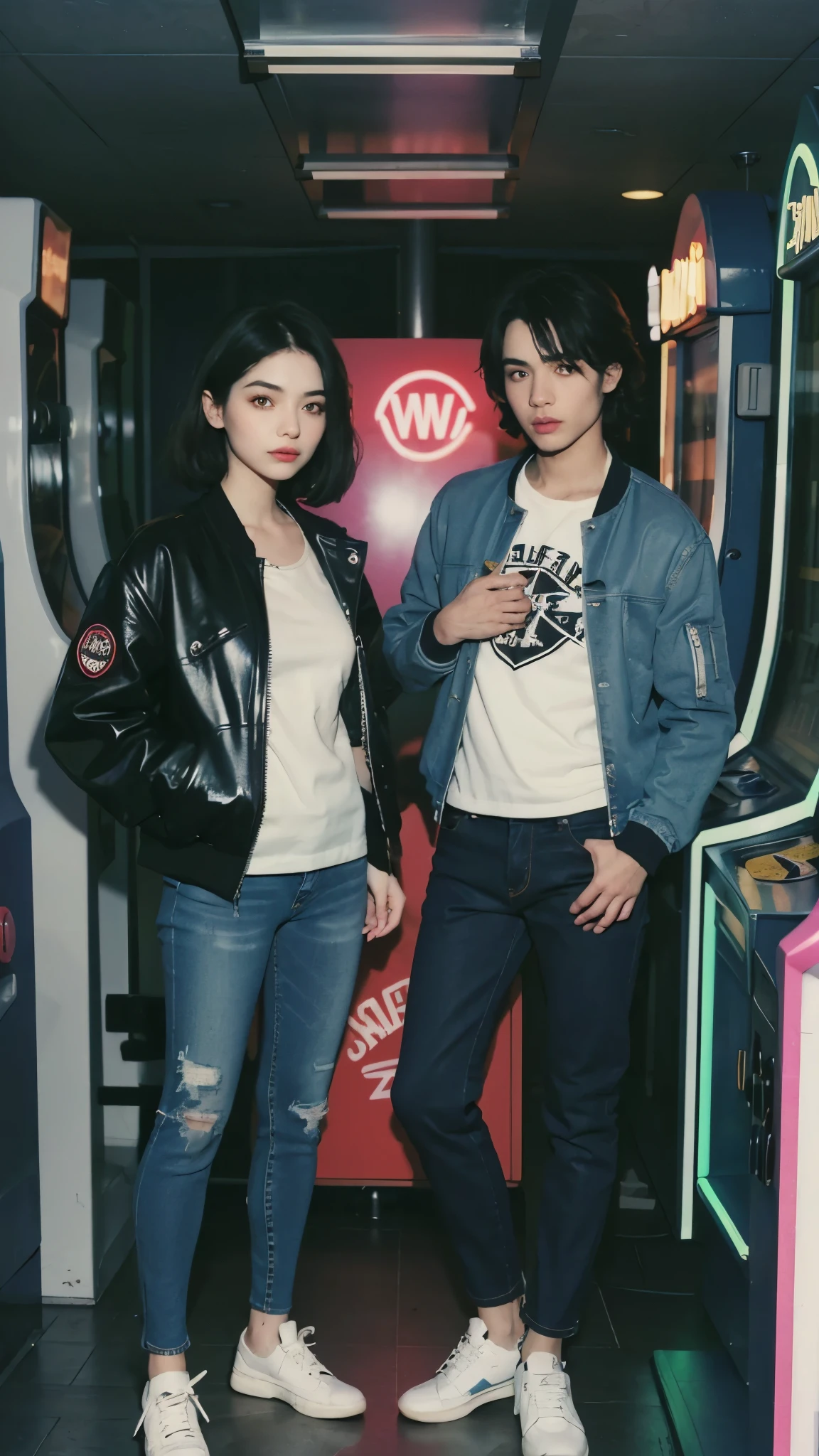 Design an illustration of a 1980s young girl wearing acid wash jeans and a bomber jacket denims, (hands in jacket pockets) in a neon-lit room with arcade machines. Detail face