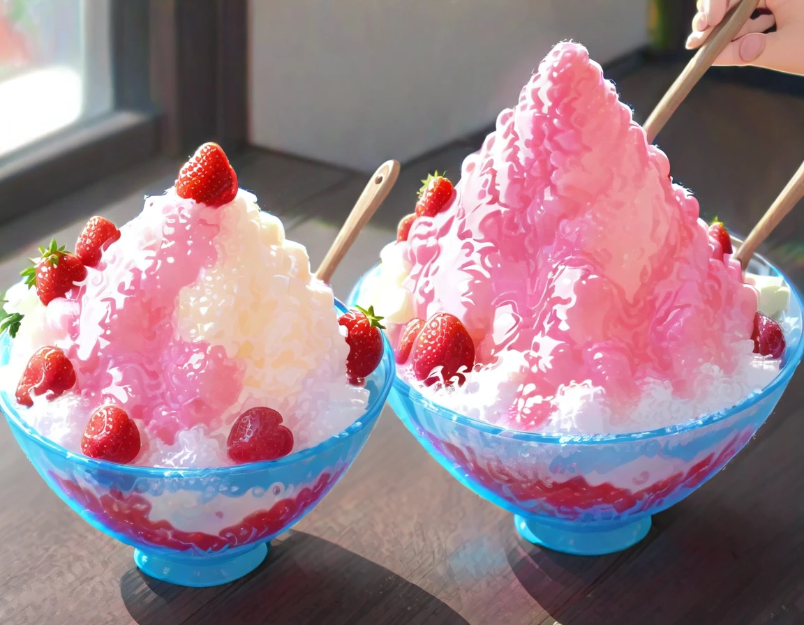 Shaved ice in a glass bowl、Strawberry Shaved Ice、Vanilla ice、Two little sisters stuff their mouths with wooden spoons