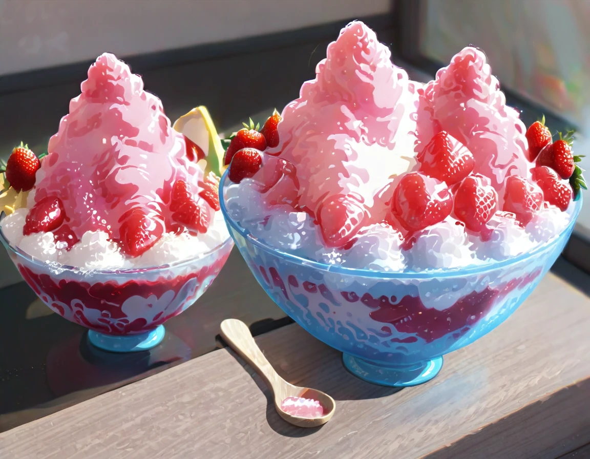 Shaved ice in a glass bowl、Strawberry Shaved Ice、Vanilla ice、Two little sisters stuff their mouths with wooden spoons