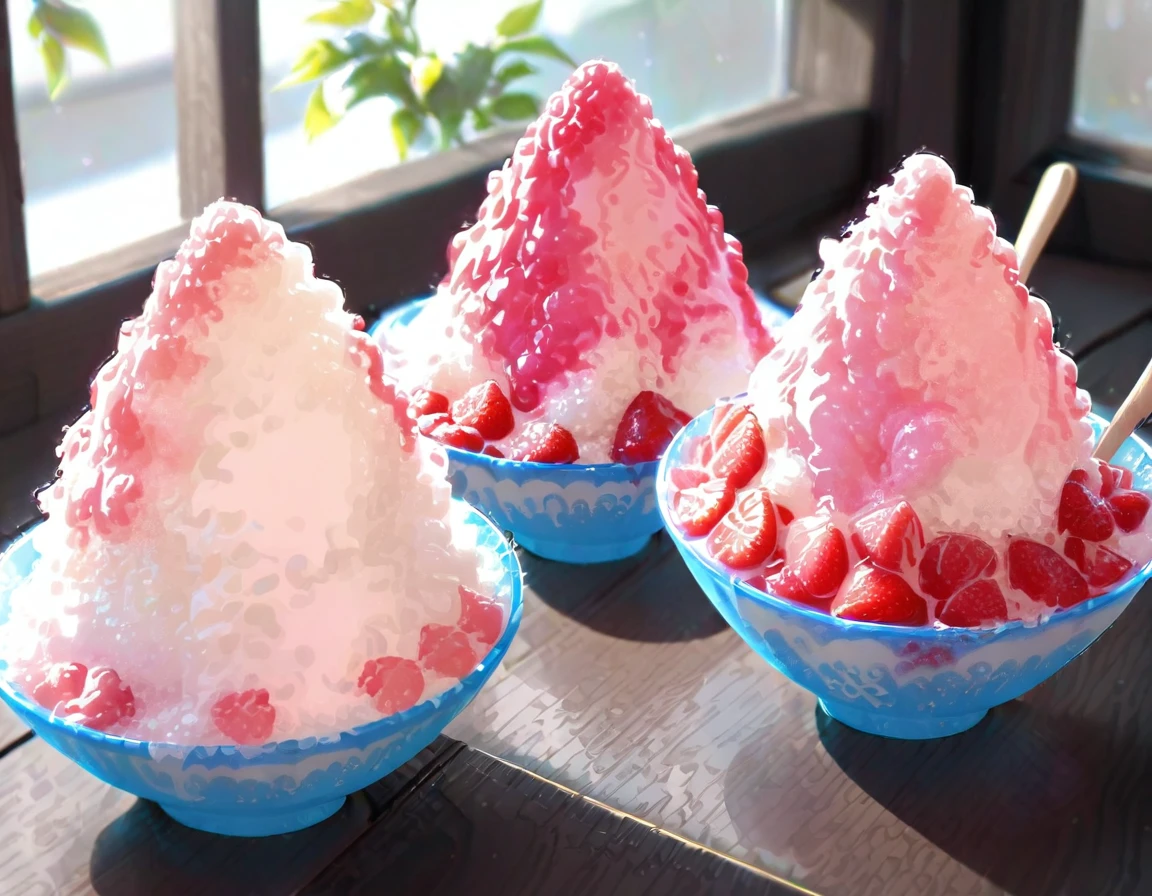 Shaved ice in a glass bowl、Strawberry Shaved Ice、Vanilla ice、Two little sisters stuff their mouths with wooden spoons