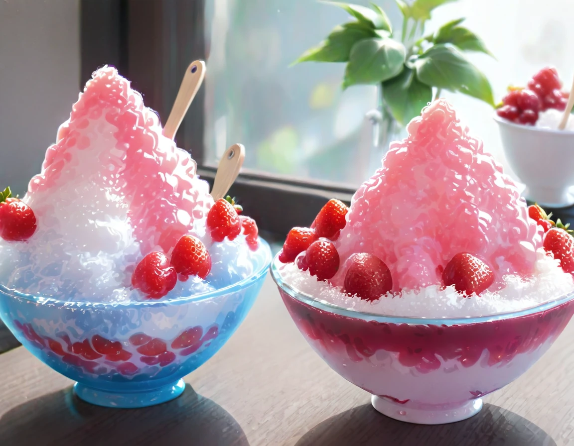 Shaved ice in a glass bowl、Strawberry Shaved Ice、Vanilla ice、Two little sisters stuff their mouths with wooden spoons