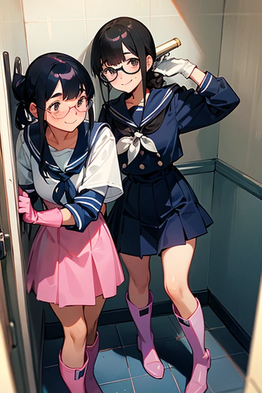 A pair of freckled, glasses-wearing high school girls with narrow eyes and black hair tied up in long-sleeved navy blue sailor uniforms, wearing oversized pink rubber gloves and white rubber boots, smiling as they clean the school toilets