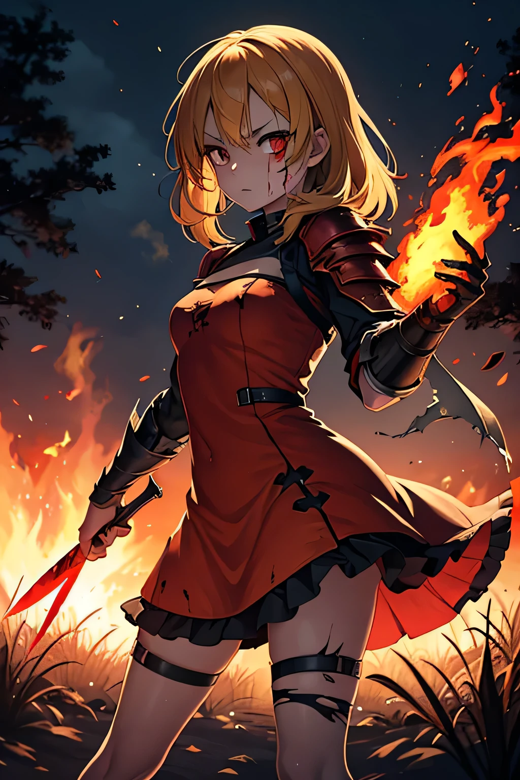 a fire burning behind the animation of a zombie girl about to plunge a blade into flame, fire, solo, 1girl, knife, weapon, tree, (dress armor:1.3),(torn clothes:1.3),night,(blood:1.2),(bandage),Full of scars, fighting stance, 8 yo,