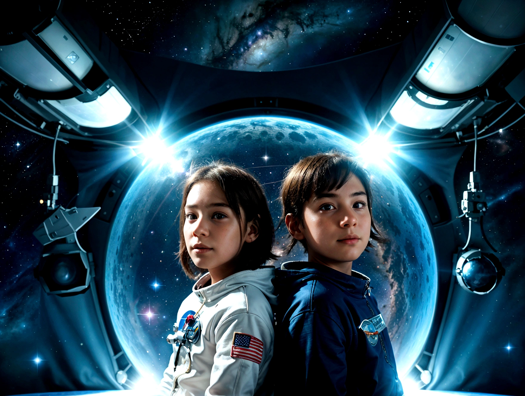 Cartoon illustration of a boy and a girl in space with cat, Official Fan Art, in space, kitten in outer space, in outer space, in deep space, in galaxies, deep space exploration!!!, space travel, dressing in stars and planets, outer space, outer space, starry sky in space, in space, Official Art, space, on a spaceship, showy, beautiful, more detailed, light, more realistic, Cartoon