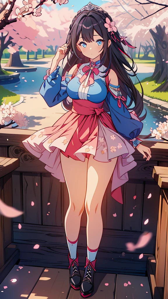 best quality, extremely detailed, anime style adult 1girl, long hair down to the waist, straight hair, ((dark black hair with bluish)),crown braid,beautiful detailed eyes, pinched eyes, dark blue eyes, huge breasts,curvy,(((colorful clothing))),Western clothes,Active Clothing,Clothing with intricate decorations,((foppery shoes)),animation cap,animated gif,((((Cherry Blossom Park)))),((pov))