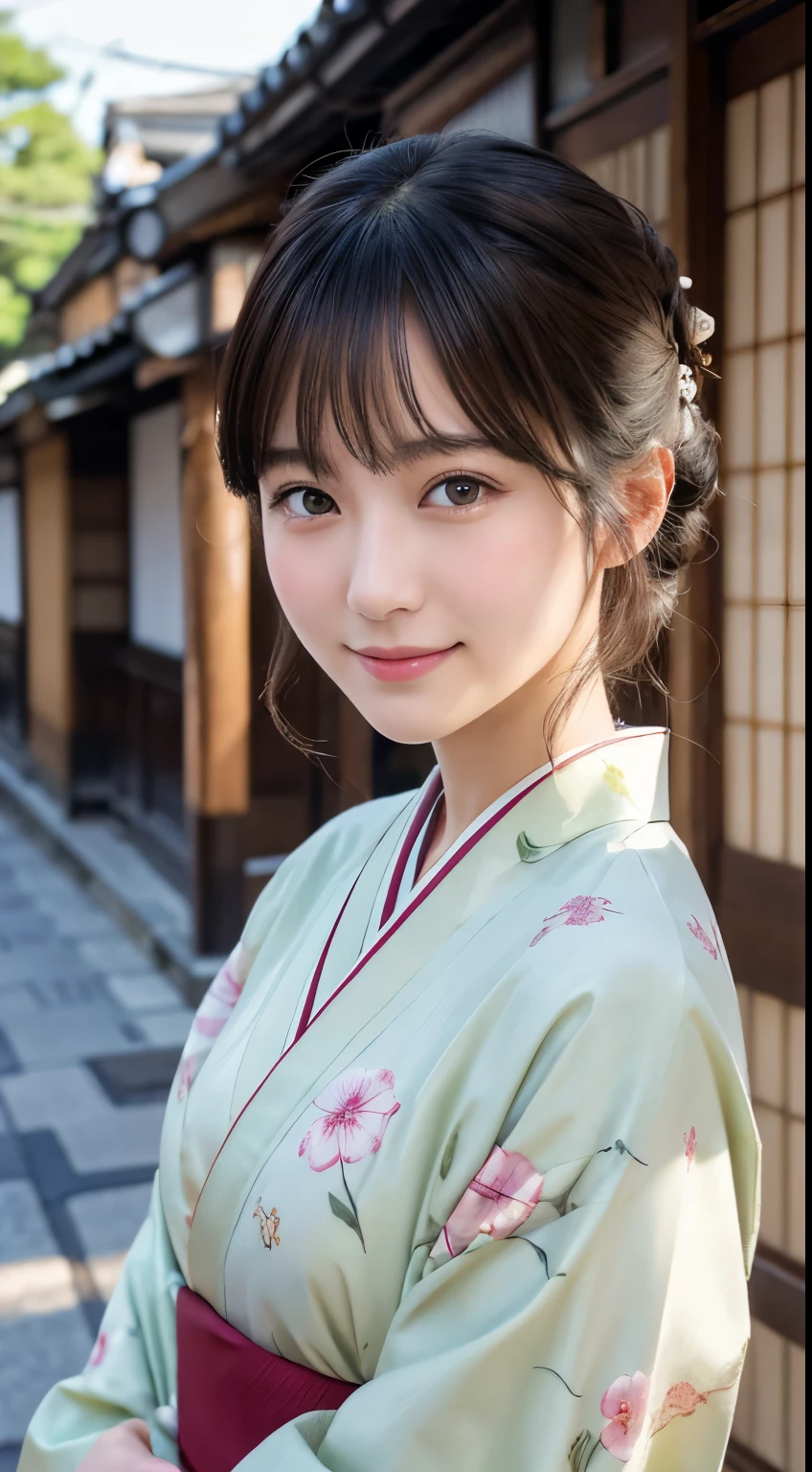Professional Lighting,(Realistic:1.4), (Top image quality:1.0), (超High resolution:1.0), 8K, Raw photography, (masterpiece:0.2), (Dealing with the Children_v1:0.5)、(最高quality Detail:1.2)、Realistic、8K Ultra HD、High resolution、(1 Girl:1.2)、超detailedな、High quality textures、複雑なdetailed、detailed、Very detailed CG、High quality shadows、detailed 美しく繊細な顔、Beautiful details and a delicate eye、(Symmetrical eyes:1.2),Written boundary depth、Ray Tracing,1 Girl, Japanese Girls, (Natural smile:1.4),cute, thin, Portrait of a beautiful Japanese woman in a kimono, Standing elegantly on a street corner in Kyoto. Kimono with vibrant traditional patterns, Hair decorated with elegant and delicate hairpins, Gentle expression. (With the old streets of Kyoto in the background:1.4)、The soft light of a spring afternoon、Adding tranquility to the scene. Rendered in a Realistic style with great attention to detail, High resolutionの画像.Sky Porn, Magic Hour, (Realistic:1.3), finely, quality, (Tabletop:1.2), (Realistic:1.2), (最高quality), (複雑なdetailed), dramatic, Ray Tracing, photograph, +roller