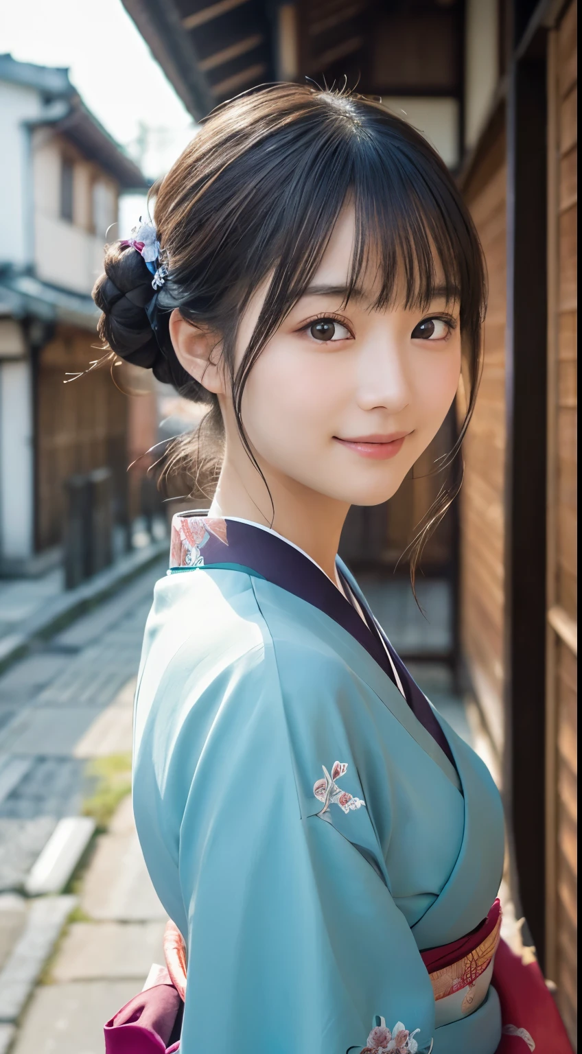 Professional Lighting,(Realistic:1.4), (Top image quality:1.0), (超High resolution:1.0), 8K, Raw photography, (masterpiece:0.2), (Dealing with the Children_v1:0.5)、(最高quality Detail:1.2)、Realistic、8K Ultra HD、High resolution、(1 Girl:1.2)、超detailedな、High quality textures、複雑なdetailed、detailed、Very detailed CG、High quality shadows、detailed 美しく繊細な顔、Beautiful details and a delicate eye、(Symmetrical eyes:1.2),Written boundary depth、Ray Tracing,1 Girl, Japanese Girls, (Natural smile:1.4),cute, thin, Portrait of a beautiful Japanese woman in a kimono, Standing elegantly on a street corner in Kyoto. Kimono with vibrant traditional patterns, Hair decorated with elegant and delicate hairpins, Gentle expression. (With the old streets of Kyoto in the background:1.4)、The soft light of a spring afternoon、Adding tranquility to the scene. Rendered in a Realistic style with great attention to detail, High resolutionの画像.Sky Porn, Magic Hour, (Realistic:1.3), finely, quality, (Tabletop:1.2), (Realistic:1.2), (最高quality), (複雑なdetailed), dramatic, Ray Tracing, photograph, +roller