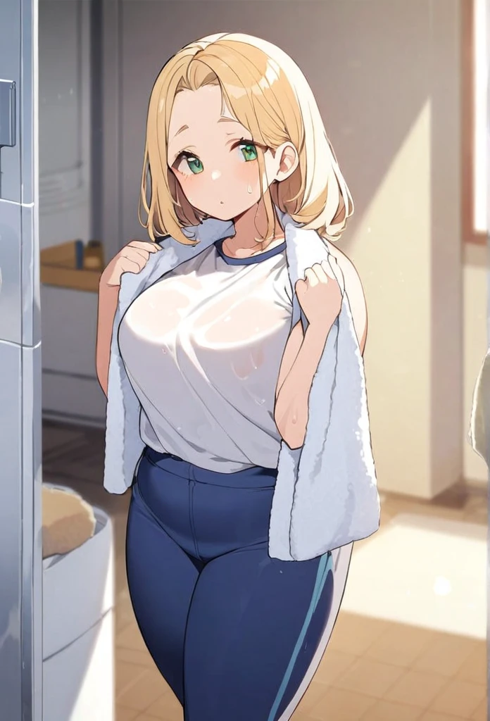 chubby girl, blonde, green eyes, medium length hair, open forehead, no bangs
wet hair, white T-shirt, blue pants, towel on shoulders