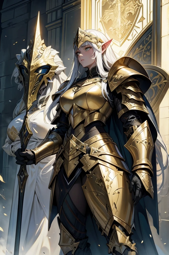 броня Paladinа, heavy armor, Heavy armor, Paladin, a spear, Эпическая броня Paladinа, heavy armor. Dramatic, Female Elf, Big Shield, white long hair, White mantle, golden eyes, pale skin, Custodias helmet